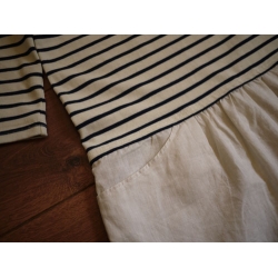 日本亞麻棉質米色藍條紋七分袖裙裝