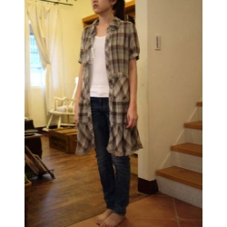 日本棉麻木釦灰藍咖啡格子裙衣